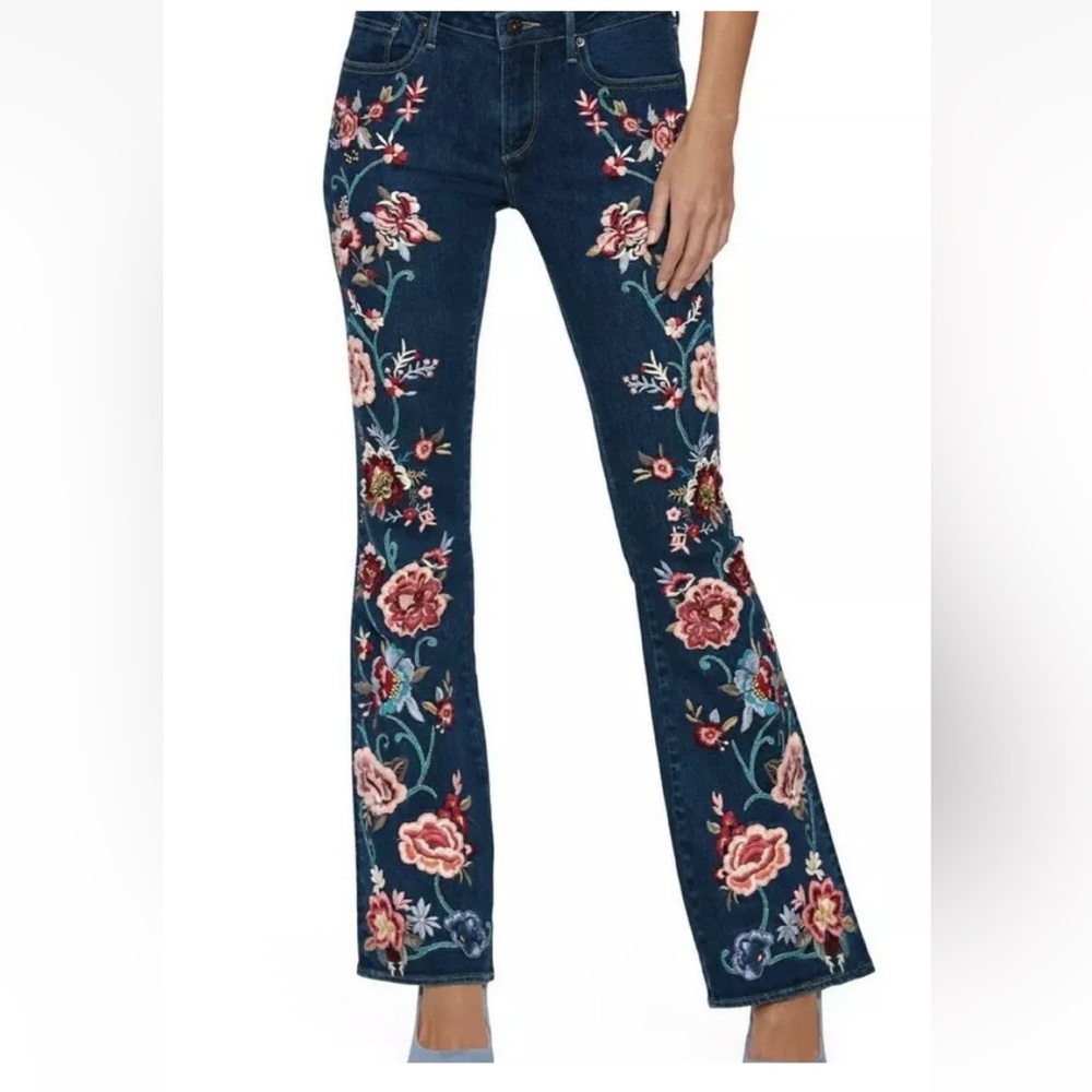 DRIFTWOOD Floral Embroidered Flare Jeans - Blue and Pink
